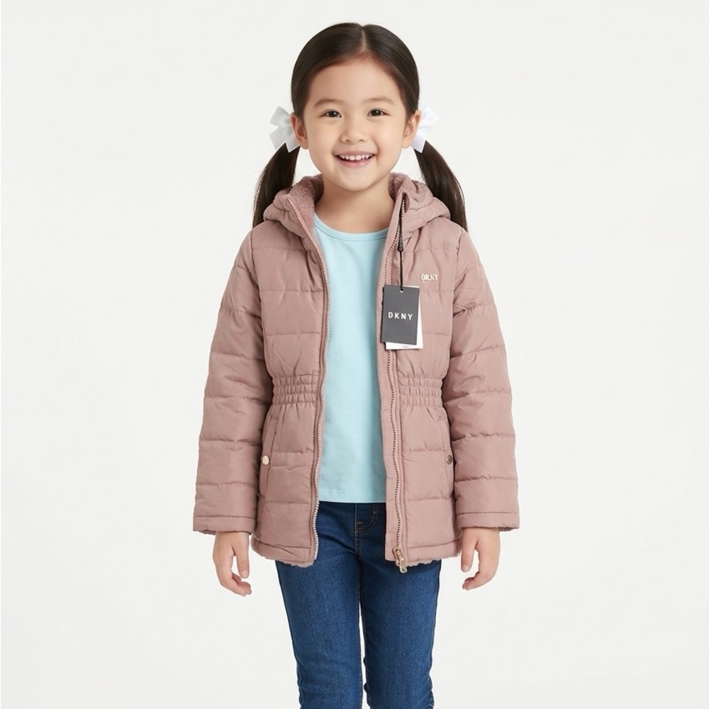 🧁NWT DKNY Girls Small Dusty Rose Blush Reversible Full Zip Hooded Winter Jacket